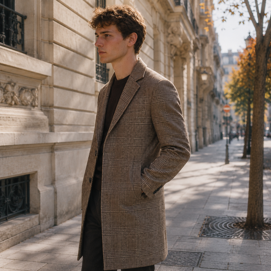 Vista laterale del cappotto uomo kaki a quadri con linea lunga e revers