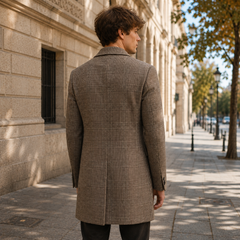 Retro del cappotto uomo kaki a quadri con spacco centrale e bottoni ai polsini