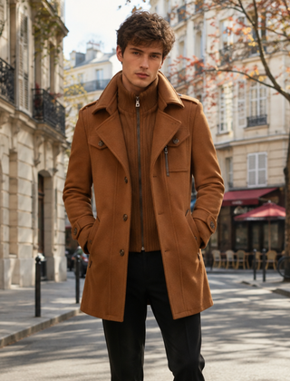 Cappotto uomo cammello con collo alto e tasche con patta sul davanti