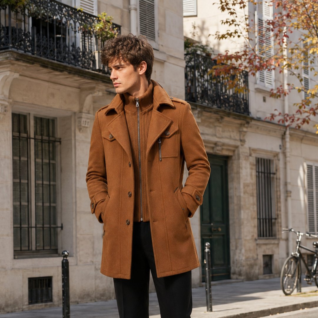Cappotto uomo cammello di lato con tasca con zip e polsini abbottonati