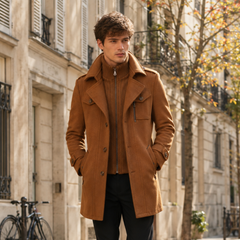 Cappotto uomo cammello indossato aperto su maglione con zip e pantaloni neri