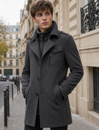 Cappotto uomo grigio scuro con collo alto e tasca con zip sul petto