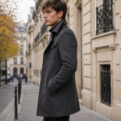 Vista laterale del cappotto uomo grigio scuro con tasche con patta e polsino abbottonato