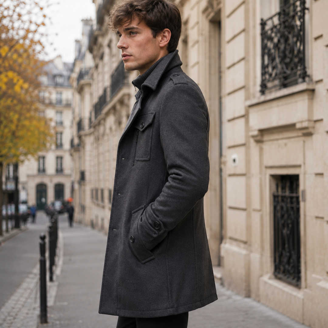 Vista laterale del cappotto uomo grigio scuro con tasche con patta e polsino abbottonato