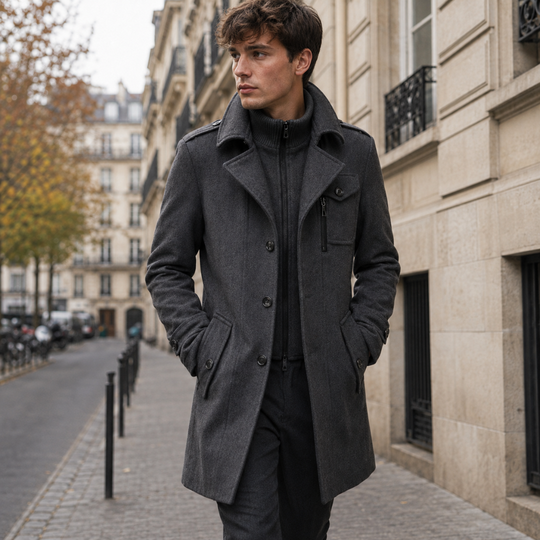 Cappotto uomo grigio scuro aperto con bottoni frontali e spalline sulle spalle