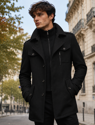 Cappotto uomo nero con collo alto, bottoni frontali e tasca con zip