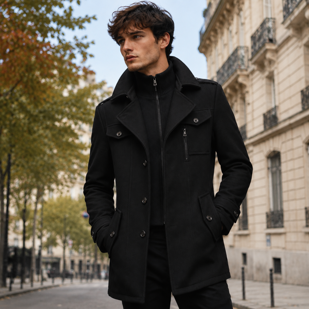 Cappotto uomo nero con collo alto, bottoni frontali e tasca con zip