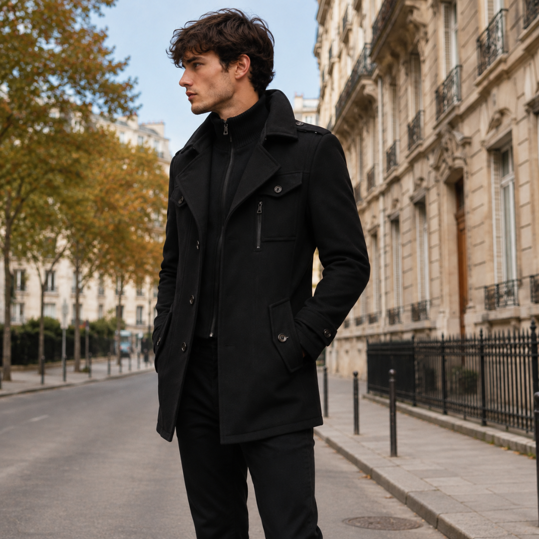 Cappotto uomo nero di lato con tasche con patta e spalline