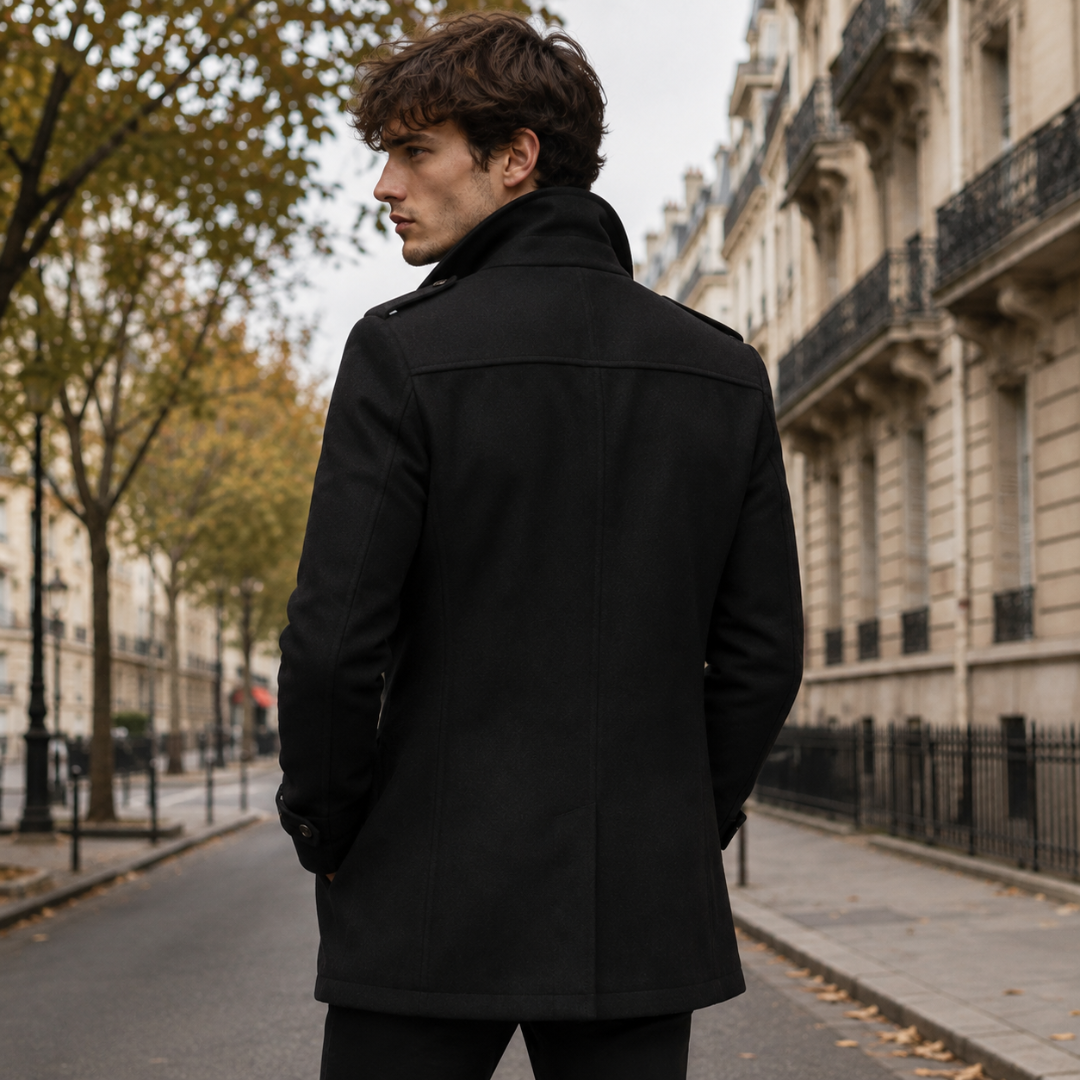 Retro del cappotto uomo nero con collo rialzato e cuciture verticali