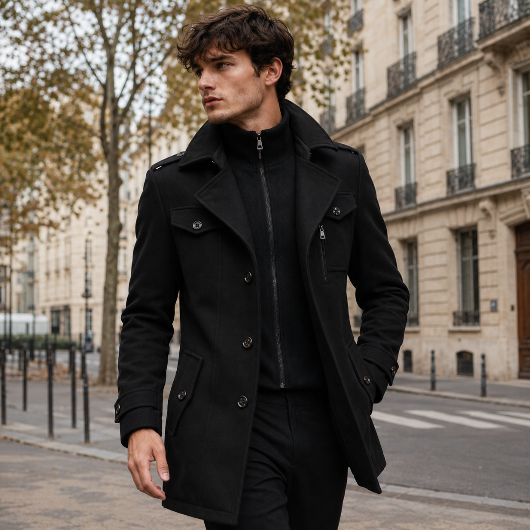 Cappotto uomo nero aperto con tasca con zip sul petto e polsino abbottonato