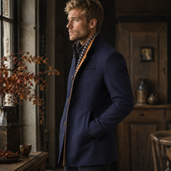 Cappotto uomo blu navy con collo montante e bordo interno a contrasto