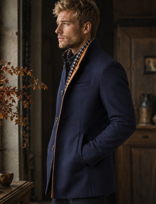 Cappotto uomo blu navy con collo montante e bordo interno a contrasto