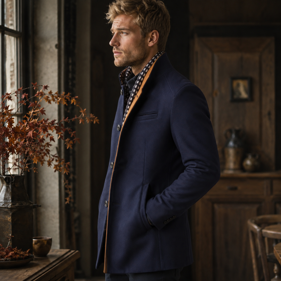 Cappotto uomo blu navy con collo montante e bordo interno a contrasto
