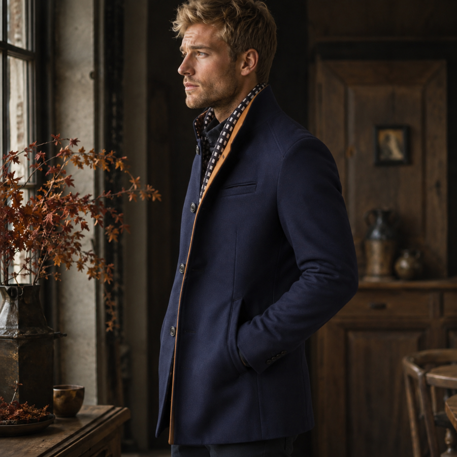 Cappotto uomo blu navy con collo montante e bordo interno a contrasto