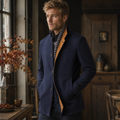 Cappotto blu navy aperto con taschino a filetto sul petto e bottoni frontali
