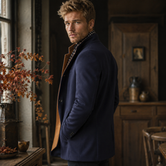 Cappotto uomo blu navy di profilo con tasche laterali e bottoni ai polsi