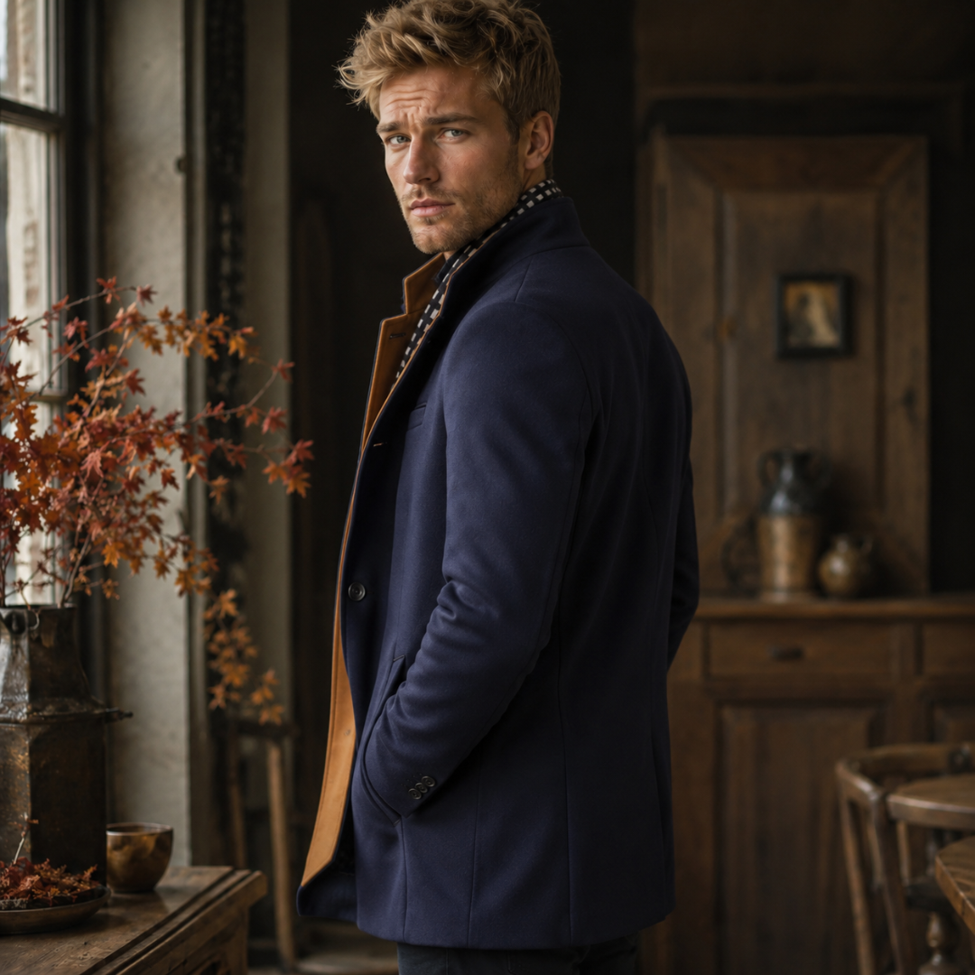 Cappotto uomo blu navy di profilo con tasche laterali e bottoni ai polsi