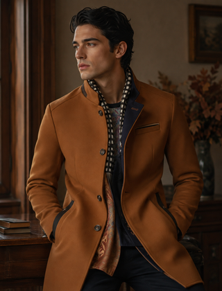 Cappotto uomo cammello con collo montante e profili scuri sulle tasche