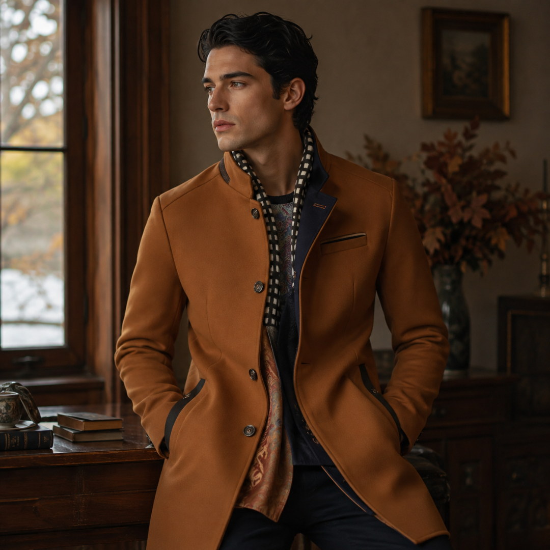 Cappotto uomo cammello con collo montante e profili scuri sulle tasche
