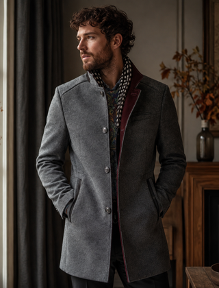 Cappotto uomo grigio con collo montante e bordo interno bordeaux a contrasto