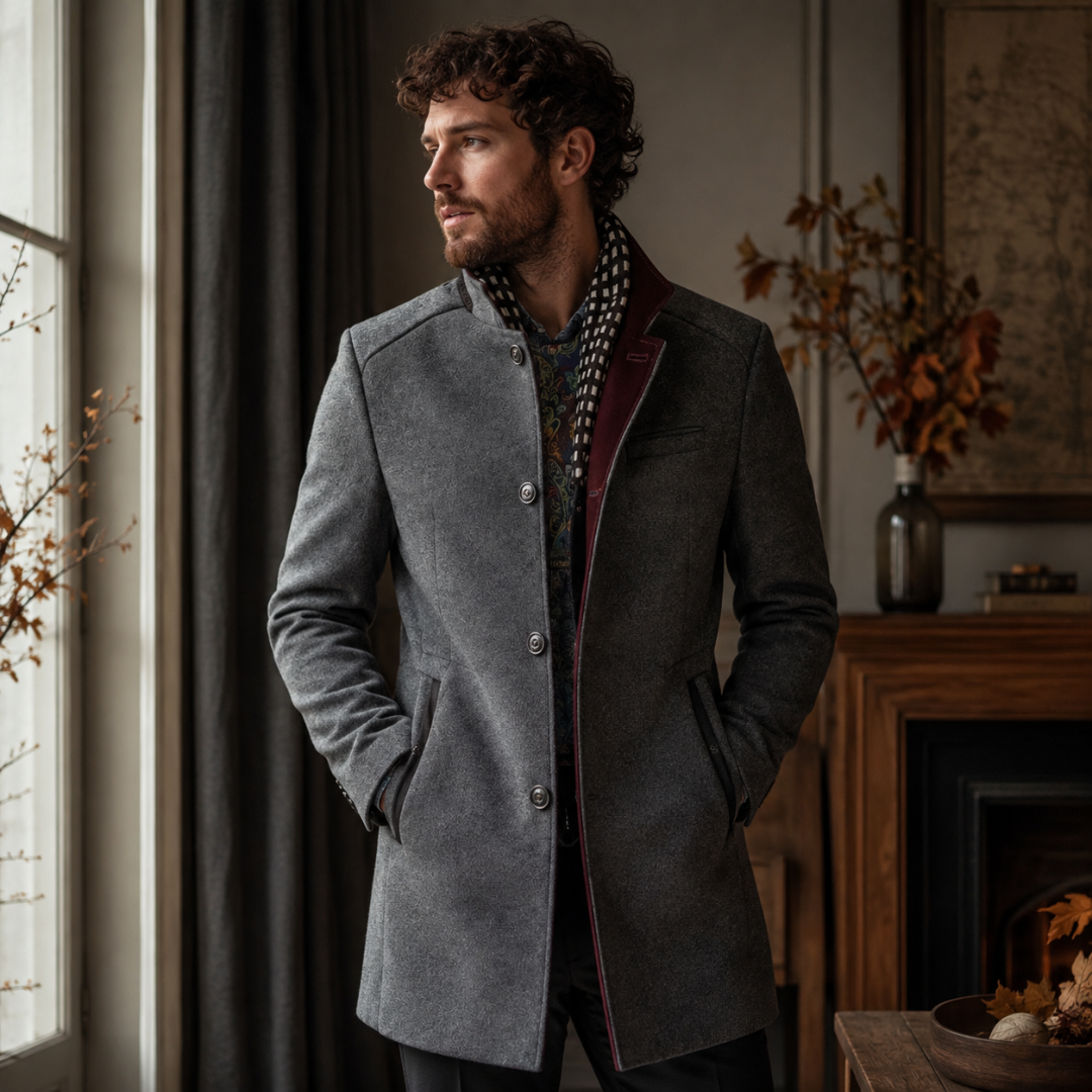 Cappotto uomo grigio con collo montante e bordo interno bordeaux a contrasto
