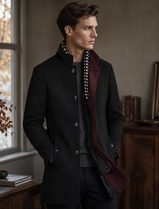 Cappotto uomo nero con bottoni frontali e revers interno bordeaux a contrasto