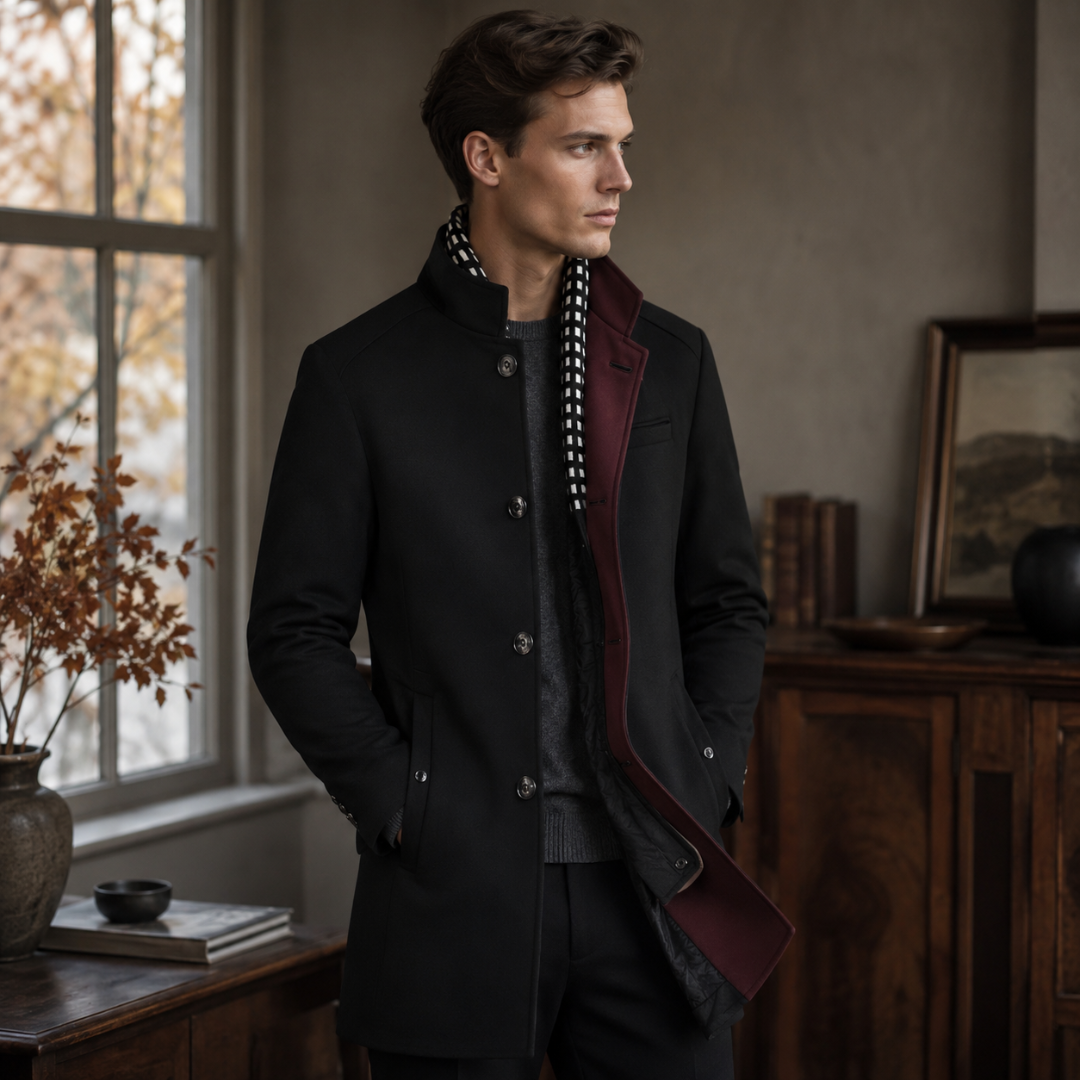 Cappotto uomo nero con bottoni frontali e revers interno bordeaux a contrasto