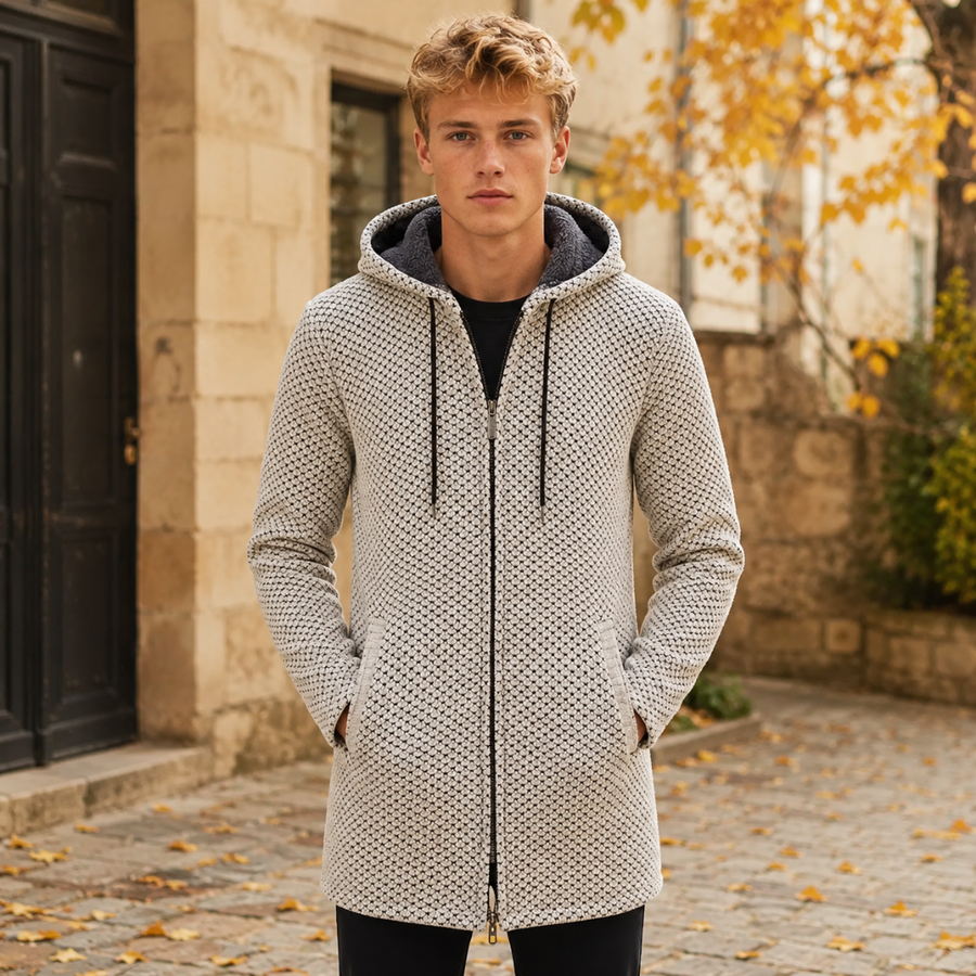 Cappotto uomo beige con cappuccio, zip frontale e trama intrecciata in rilievo