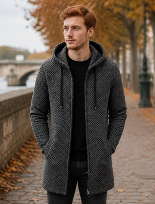 Cappotto uomo grigio scuro con cappuccio, coulisse e tasche laterali sui fianchi