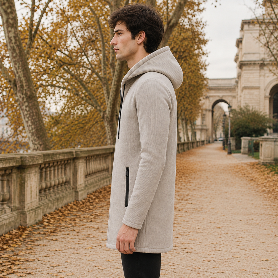 Vista laterale del cappotto beige in maglia a coste con tasca con cerniera