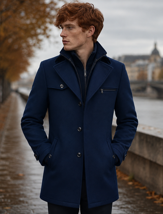 Cappotto uomo blu navy con bottoni frontali e tasca con zip sul petto