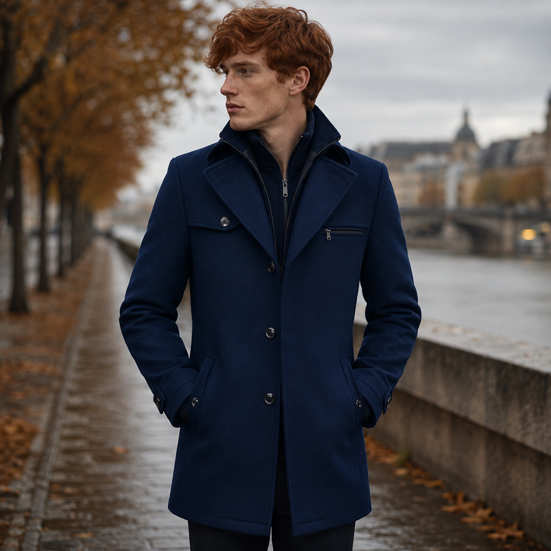 Cappotto uomo blu navy con bottoni frontali e tasca con zip sul petto