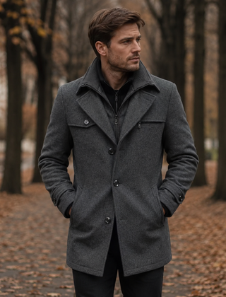 Cappotto uomo grigio scuro con revers a punta e collo interno a coste