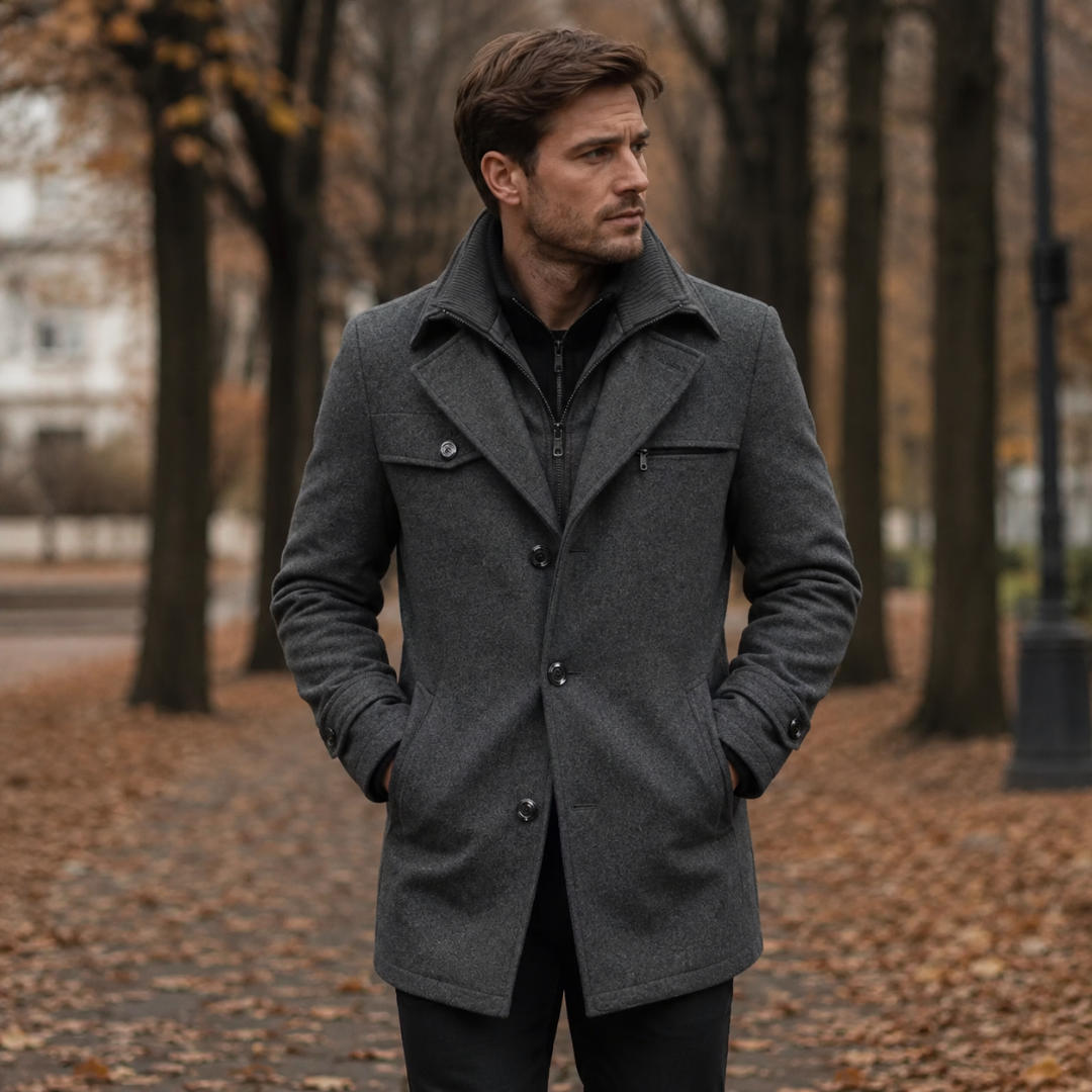 Cappotto uomo grigio scuro con revers a punta e collo interno a coste