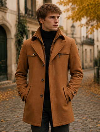 Cappotto uomo kaki con doppio collo, zip interna e tasche laterali con profilo
