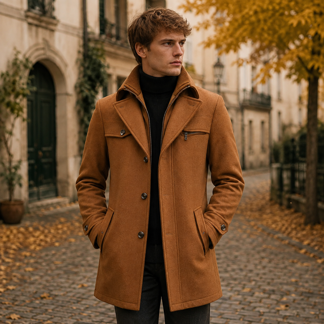 Cappotto uomo kaki con doppio collo, zip interna e tasche laterali con profilo