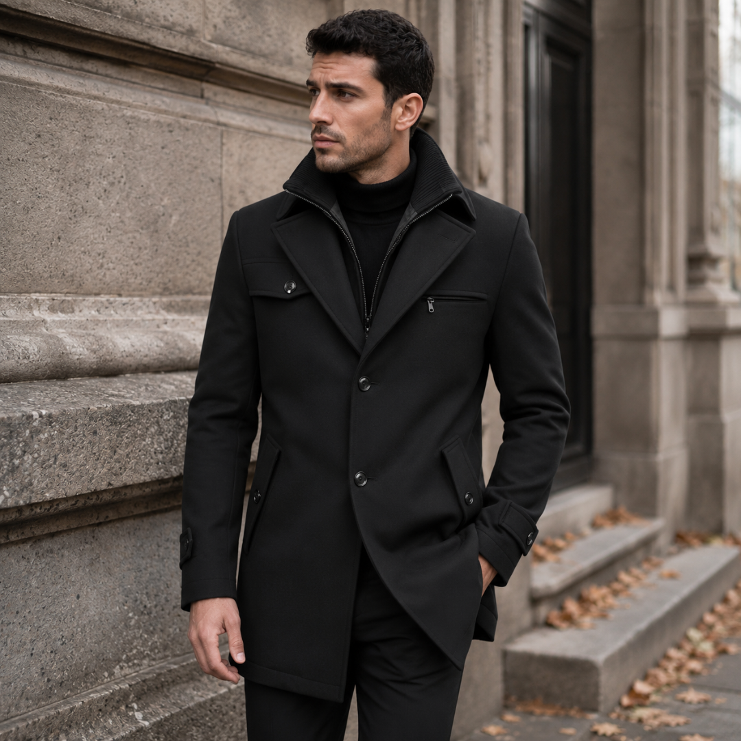 Cappotto uomo nero con doppio collo, zip interna e polsini con linguetta