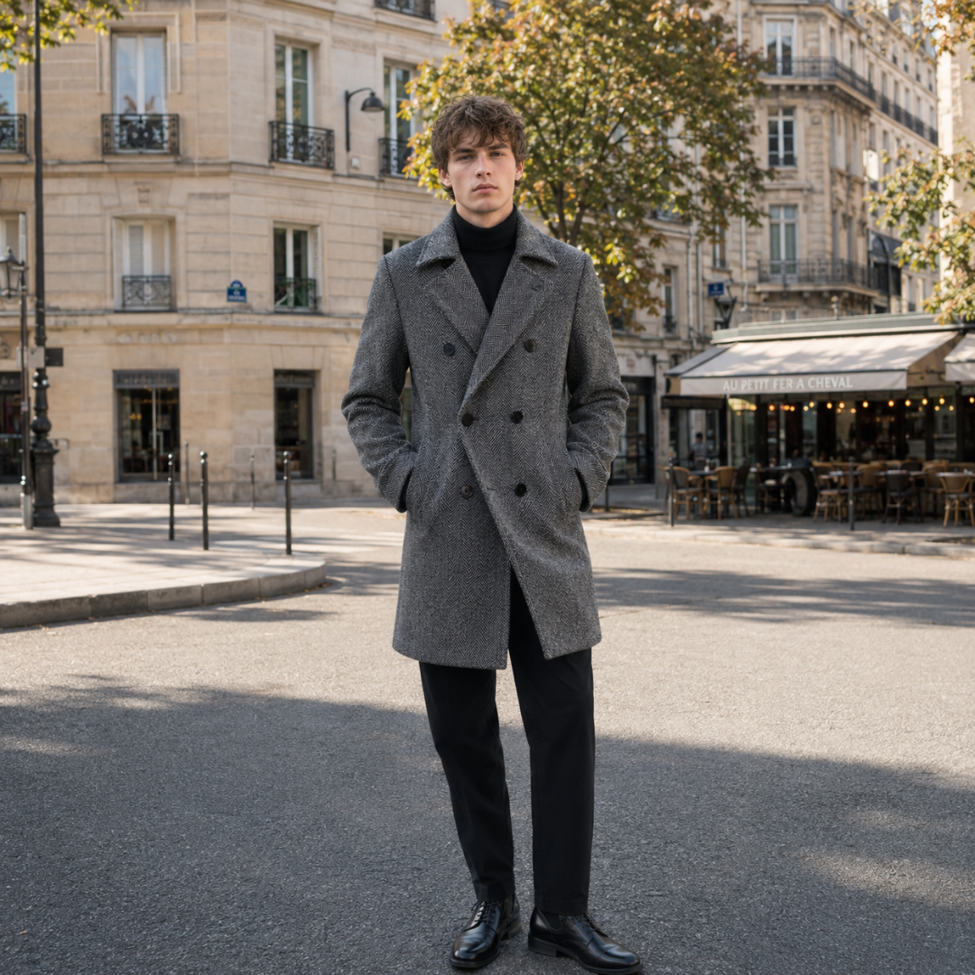 Cappotto uomo grigio a spigato doppiopetto, vista frontale con dolcevita nero