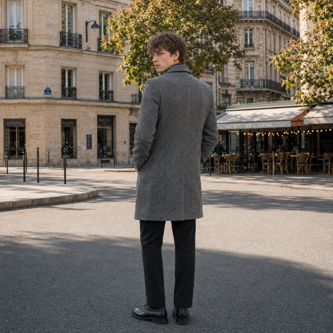 Retro del cappotto uomo grigio a spigato, spalle strutturate e maniche lunghe