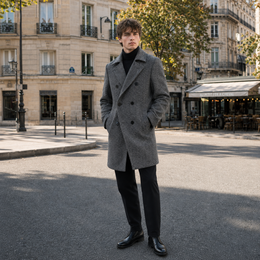 Cappotto uomo grigio doppiopetto con sei bottoni, indossato con pantaloni neri