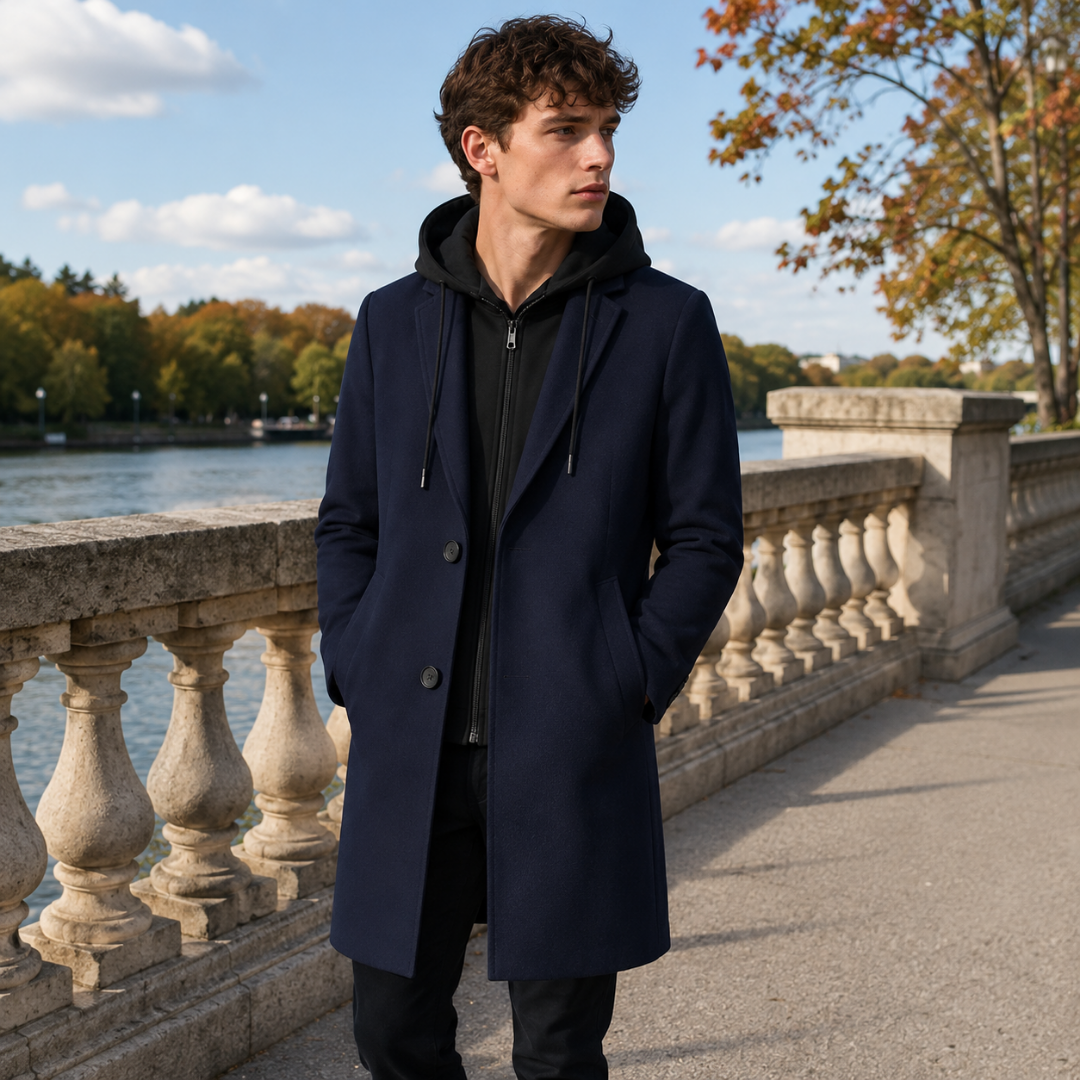 Cappotto uomo blu navy con bottoni scuri e tasche laterali con patta