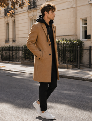 Cappotto uomo lungo color cammello di profilo con revers classico e bottoni