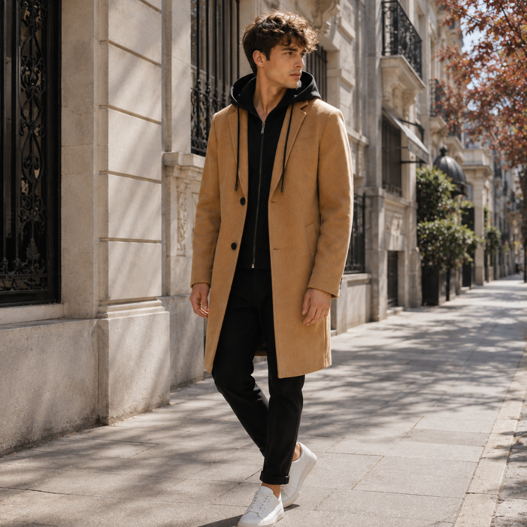 Cappotto uomo cammello aperto sul davanti con tasche laterali e felpa nera