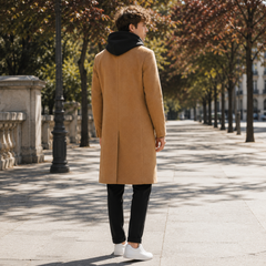 Retro del cappotto uomo cammello con spacco centrale e linea diritta