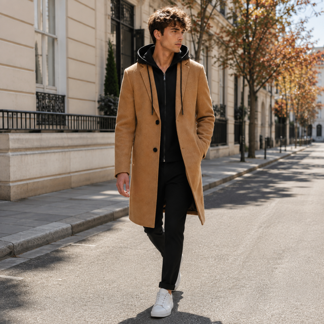 Uomo cammina indossando cappotto lungo cammello con bottoni e pantaloni neri