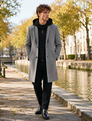 Cappotto uomo lungo grigio con revers classico e chiusura con bottoni