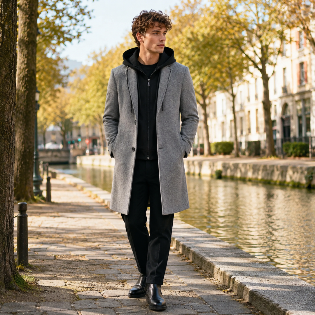 Cappotto uomo lungo grigio con revers classico e chiusura con bottoni
