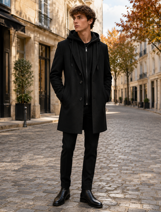 Cappotto uomo lungo nero indossato aperto con felpa e stivaletti neri