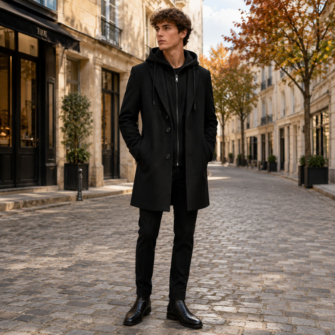 Cappotto uomo lungo nero indossato aperto con felpa e stivaletti neri
