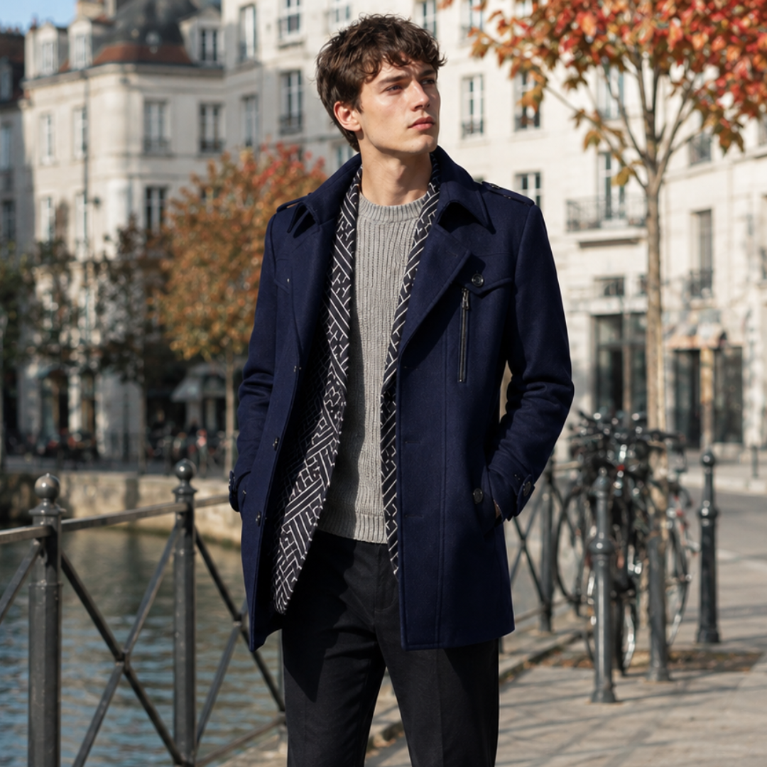 Cappotto uomo blu navy con collo a punta, spalline e zip sul petto